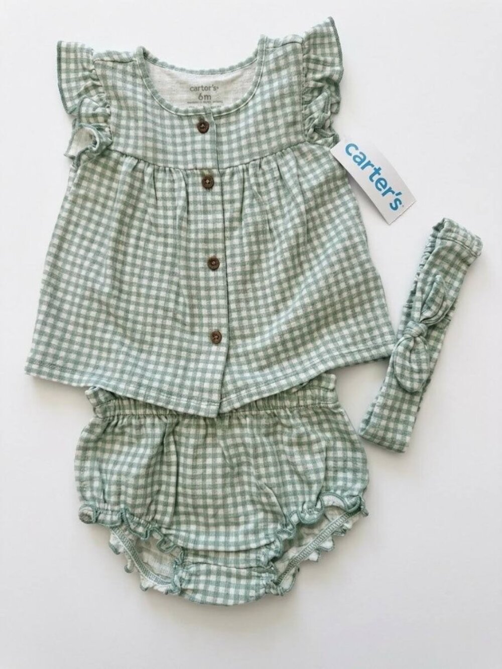 Carters Baby Girl 6M 3pc Set Sage Green Gingham Top Bloomers Headband NWT